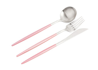 Stainless steel cutlery with pink handles on white background