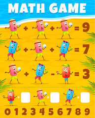 Cartoon vitamin characters on summer beach math game worksheet. Vector mathematics task page with funny B9, B5 and vitamin personages outdoor activities on seaside. Riddle for children education