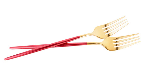 Golden forks with red handles on white background