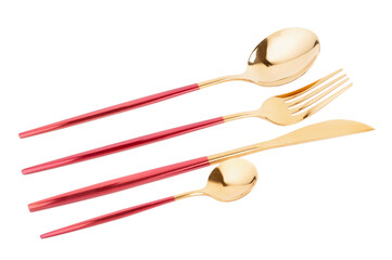 Golden set of cutlery with red handles on white background