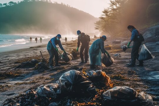 A team of environmentally-conscious workers joining forces to remove plastic litter and debris from a picturesque beach, promoting a cleaner and healthier environment