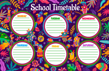 Education timetable schedule. Cartoon parrot birds and jungle flowers. Children study weekly schedule, school lesson daily timetable or planner vector template with funny tropical birds characters