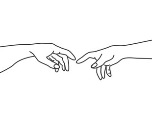 Michaelangelo creation of adam, adam and god hand, line art, vector drawing illustration, elegant reaching connection concept.