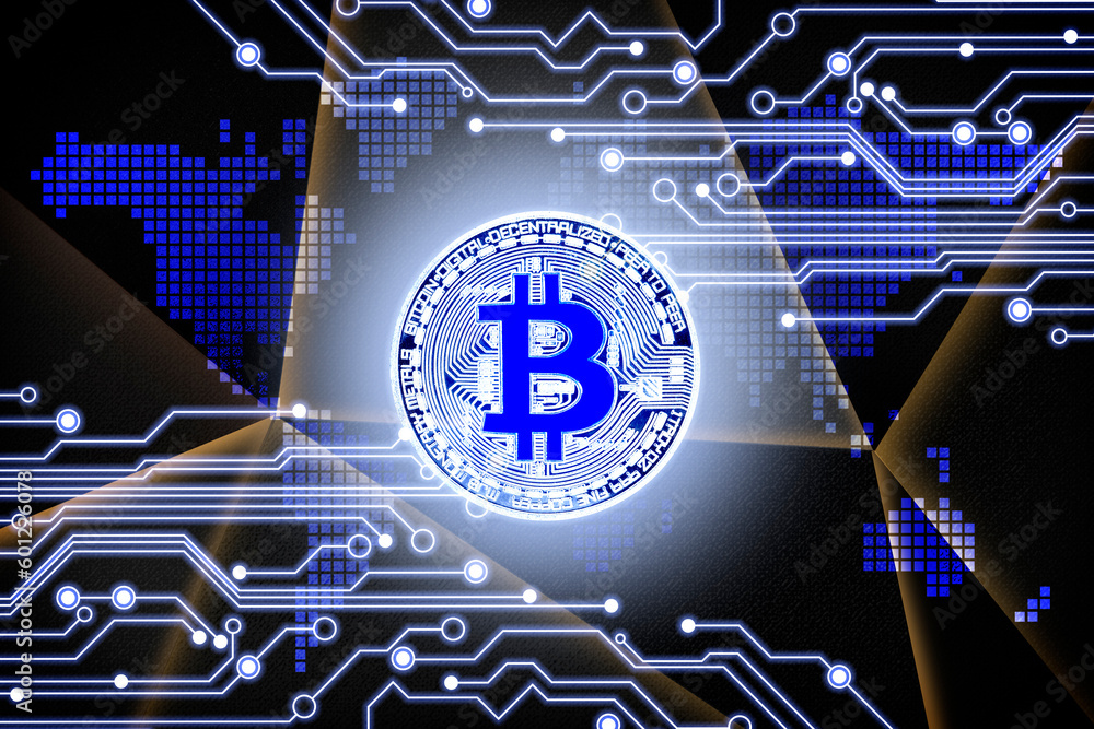 Poster cryptocurrency. scheme with bitcoin against digital world map