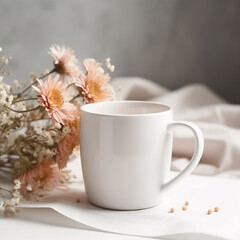 Obraz na płótnie Canvas Spring white mug mockup on table with flowers. Coffee cup template. Cup mockup. Generative AI
