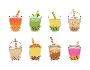 Set of bubble tea with tapioca pearls. Asian Taiwanese drink. Boba milk tea. Cold coffee in takeaway cup. Cartoon vector illustration.