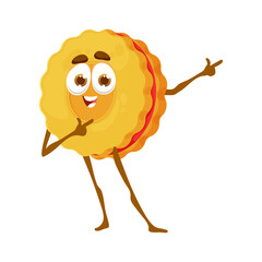 Cartoon cookie funny character. Sweet pastry, bakery shop dessert funny vector mascot or fresh confectionery isolated cookie cheerful vector personage with jam inside and smiling face