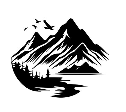 Flat vector illustration of mountains silhouette with fluttering birds near the peaks