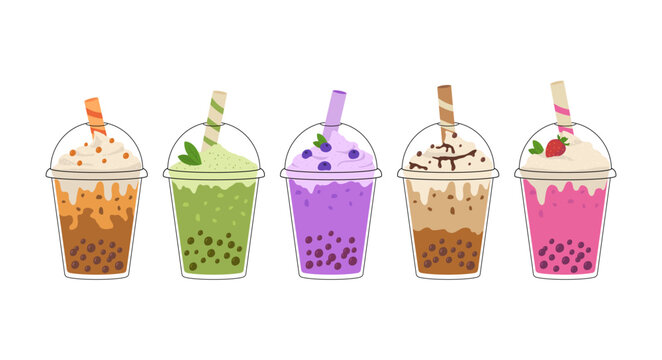 Set of bubble milk tea with tapioca pearls. Asian Taiwanese beverage.  Cold matcha drink in takeaway plastic cup. Cartoon vector illustration.