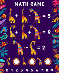 Math game worksheet, African giraffes, flowers and leaves, vector mathematics quiz. Funny cartoon African giraffes and savanna plants on math game puzzle for addition and subtraction calculation skill