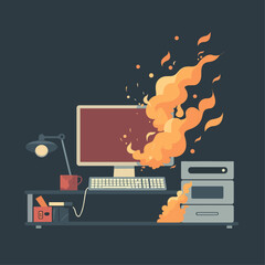 minimal vector illustration of a computer on fire