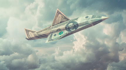 A paper airplane from a dollar bill as a metaphor for the growth of inflation. Generative AI