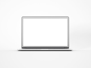 Laptop with blank screen isolated on white background, white aluminium body. 3D illustration, 3D rendering.
