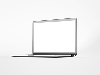 Laptop with blank screen isolated on white background, white aluminium body. 3D illustration, 3D rendering.
