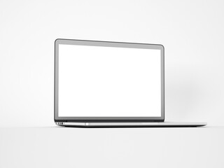 Laptop with blank screen isolated on white background, white aluminium body. 3D illustration, 3D rendering.
