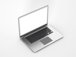 Laptop with blank screen isolated on white background, white aluminium body. 3D illustration, 3D rendering.
