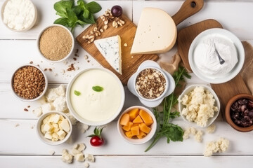Top view photo of dairy products over white wooden background. Symbols of Jewish holiday - Shavuot