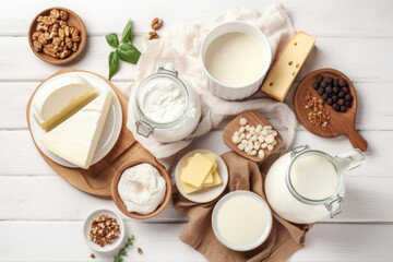 Obraz na płótnie Canvas Top view photo of dairy products over white wooden background. Symbols of Jewish holiday - Shavuot