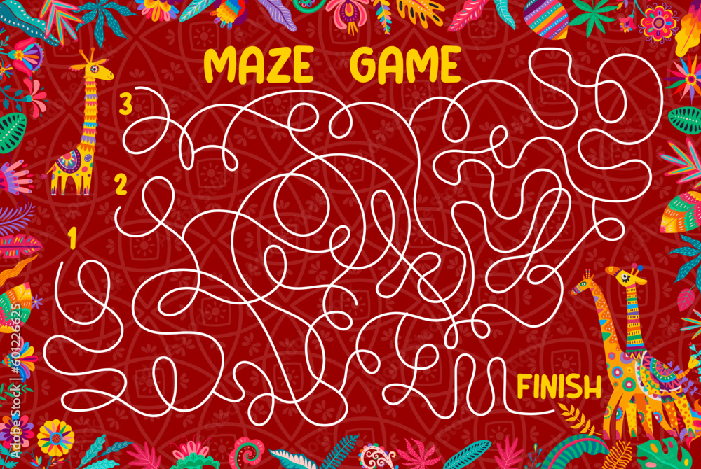 Poster labyrinth maze game help to giraffe to find his friends. kids vector boardgame worksheet. recreation