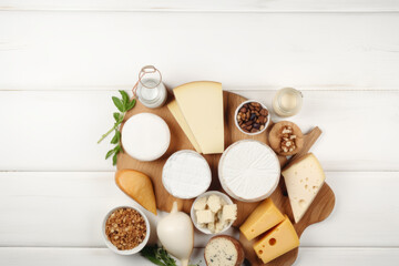 Fototapeta na wymiar Top view photo of dairy products over white wooden background. Symbols of Jewish holiday - Shavuot