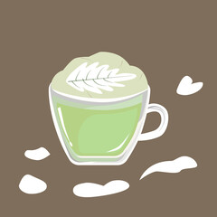 Hot green tea latte in glass cup, vector illustration isolated on brown background.