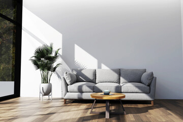 Stylish Modern wooden living room in white background, Scandinavian style, Rattan home decor, 3D illustration, 3D rendering.
