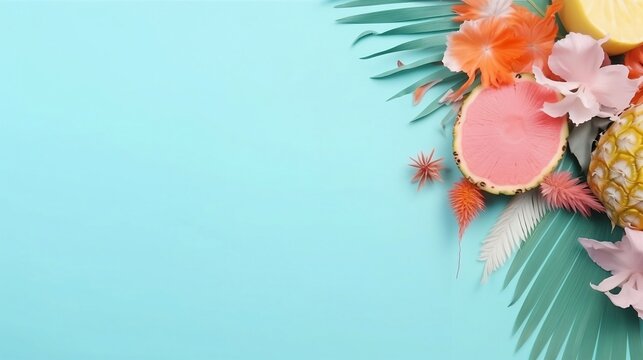A pink watermelon on a blue background with a palm leaf. Created with Generative AI tools.