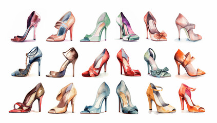 Fototapeta na wymiar Watercolor illustration set of women high heels shoes on the white background