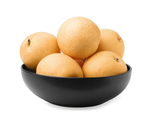 Bowl of fresh ripe apple pears isolated on white