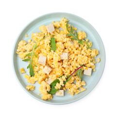 Plate with delicious scrambled eggs and tofu isolated on white, top view