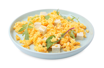 Plate with delicious scrambled eggs and tofu isolated on white