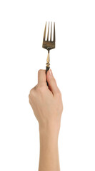 Woman holding clean fork on white background, closeup