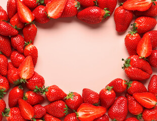 Frame made of fresh strawberries on pink background