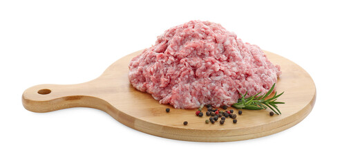 Raw fresh minced meat with rosemary and pepper isolated on white