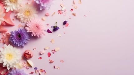 Fototapeta premium Flowers on a pink background with petals scattered around. Created with Generative AI tools.