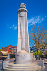 Fototapeta premium Trois Rivieres skyline, Pierre-Boucher Place Memorial Park Monument, erected to commemorate the 325th anniversary of the founding of the city, in Quebec, Canada