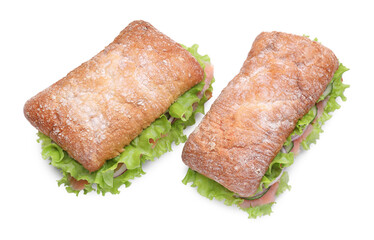 Delicious sandwiches with fresh vegetables and salmon isolated on white