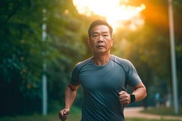 Middle aged asian man running in park at dusk. Generative AI