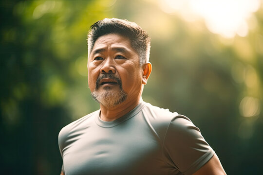 Portrait of a middle aged asian man running in park. Generative AI