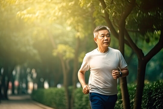 Middle aged asian man running in park. Generative AI