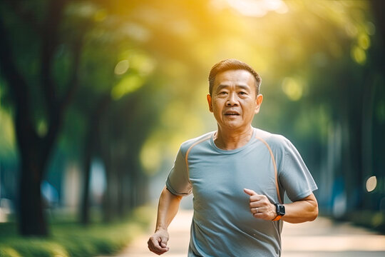 Middle aged asian man running in park. Generative AI