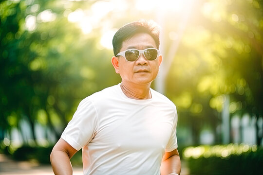 Portrait of a middle aged asian man with sunglasses running in park. Generative AI