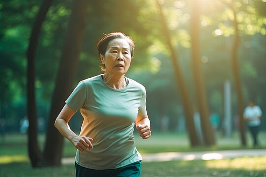 Older asian woman running in park. Generative AI