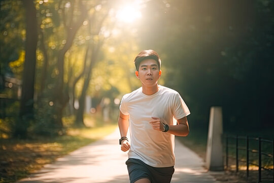 Young asian man running in park or forest, summer season. Generative AI