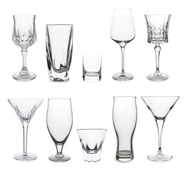 Collage with different empty glasses on white background