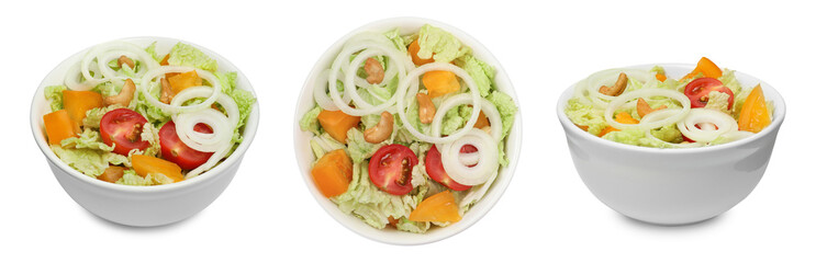 Bowl of tasty salad with Chinese cabbage, tomatoes and onion on white background, different sides. Collage design