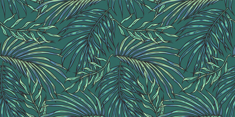 Tropical exotic green leaves or plant seamless pattern for summer background and beach wallpaper