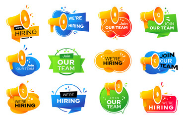 We are hiring, job offer or recruit and join our team, vector megaphone icons We are hiring signs or job vacancy posters and join our team banners for work employment or recruitment announcement