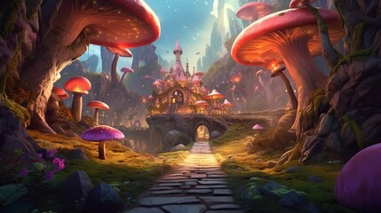 Fantasy magical forest with path to a building. Made with Generative AI.