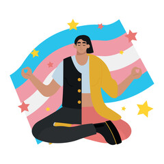 Meditation transgender person with flag on white background